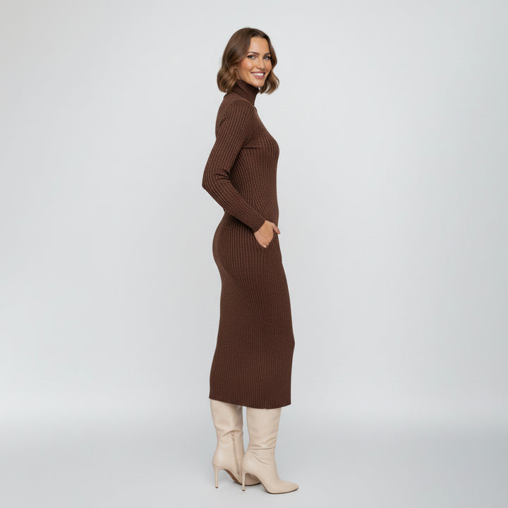 Ribbed Knit Turtleneck Midi Dress