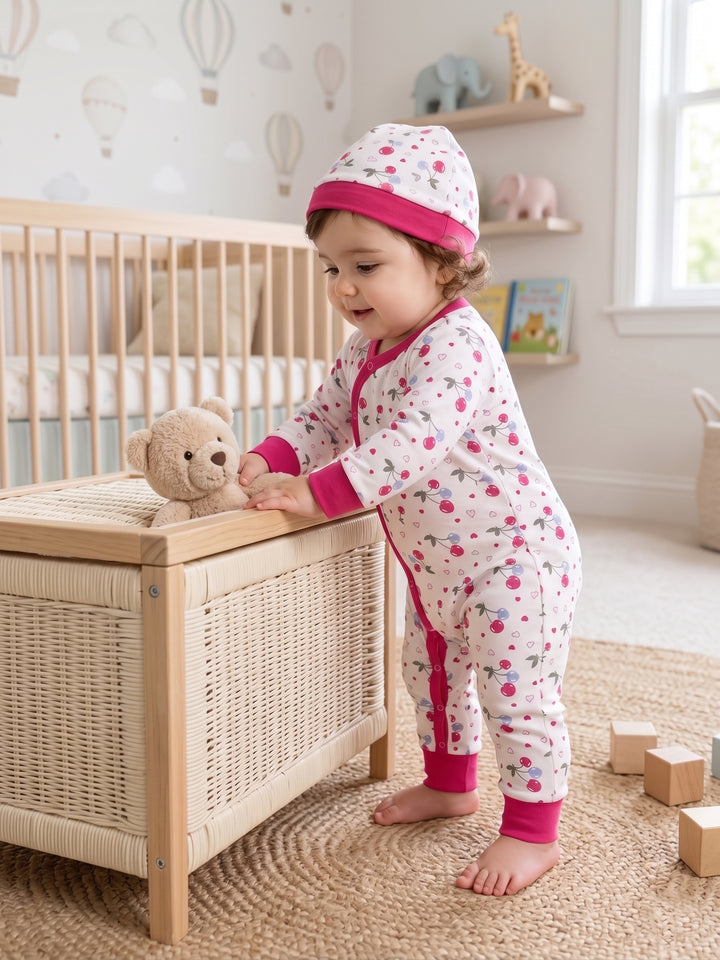 Sweet Cherry Print Baby Jumpsuit & Beanie Set