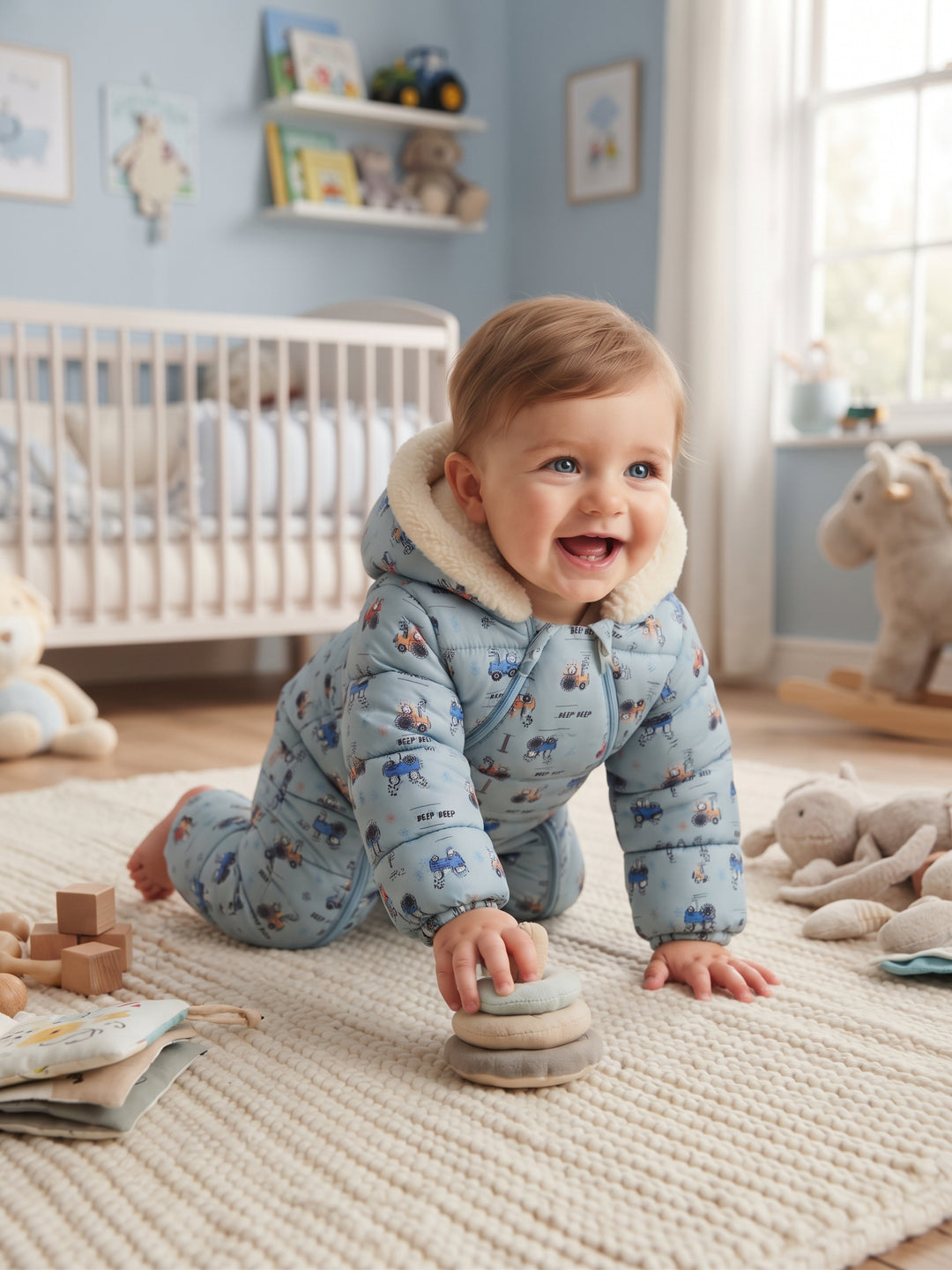 Tractor Print Dual-Zip Baby Snowsuit