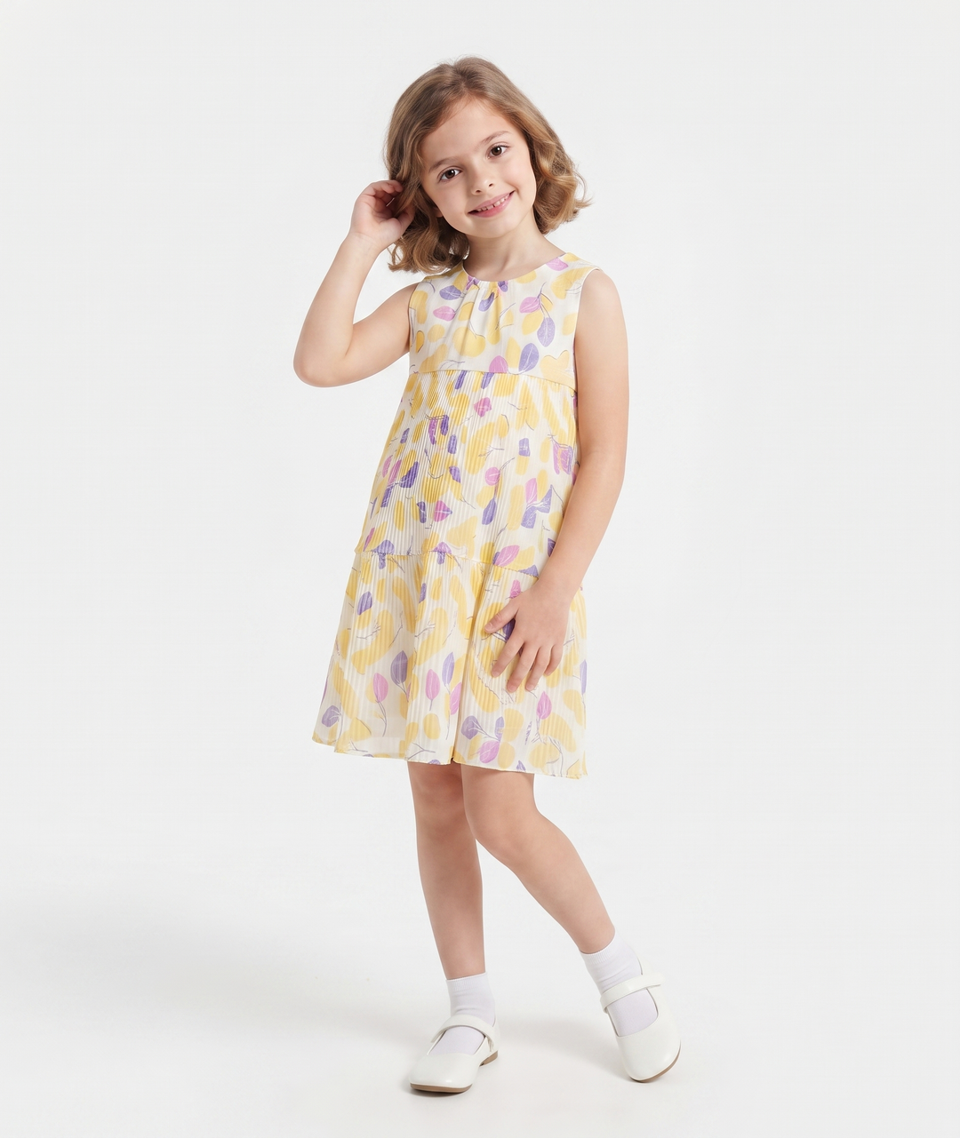 Sleeveless Yellow and Purple Abstract Print Dress