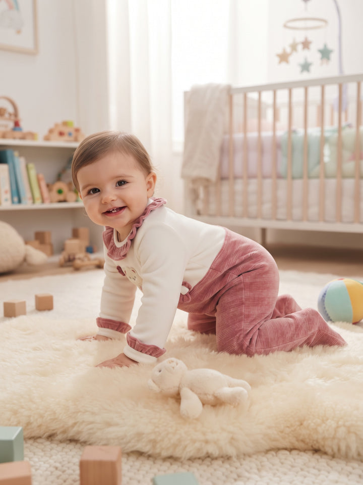 Cozy Ruffle Collar Bear Embroidered Baby Footed Sleepsuit