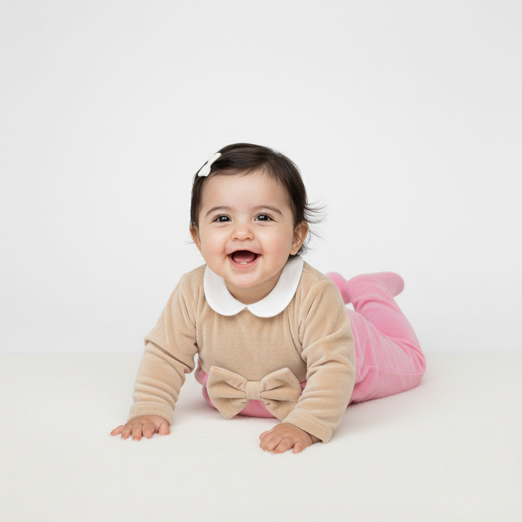 Bicolor Bow-Detail Footed Romper