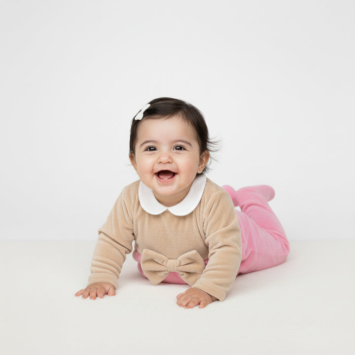 Bicolor Bow-Detail Footed Romper