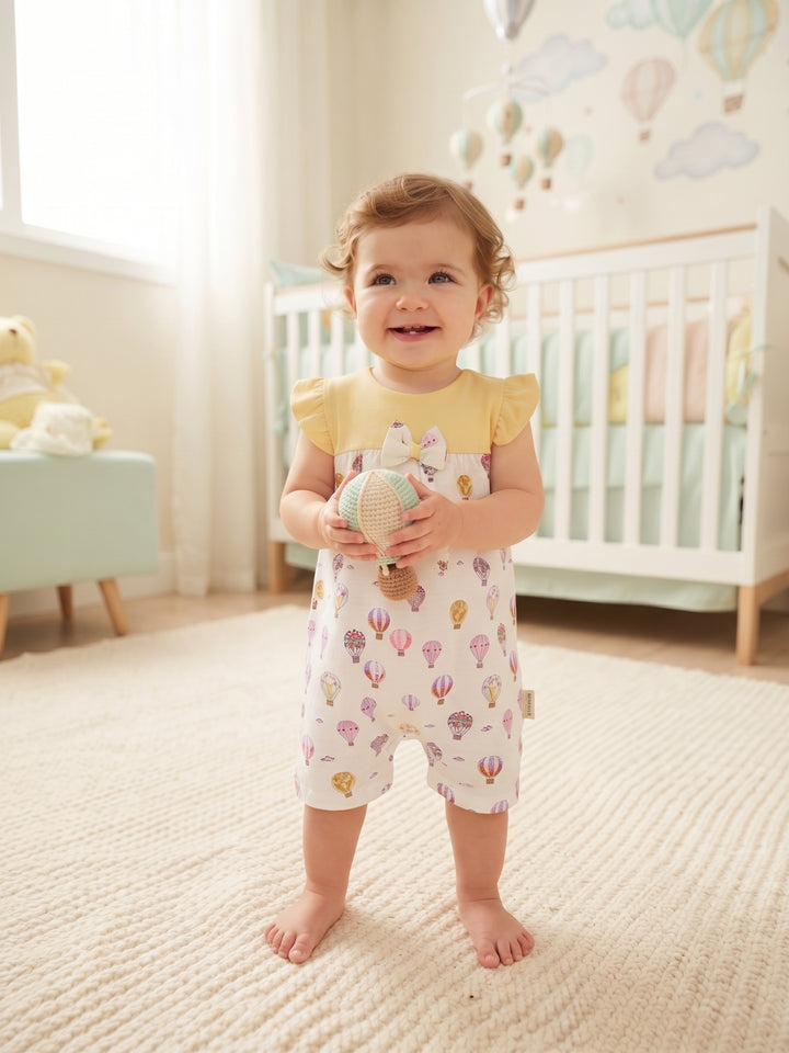 Baby Girl Flutter Sleeve Hot Air Balloon Print Romper with Bow Accent