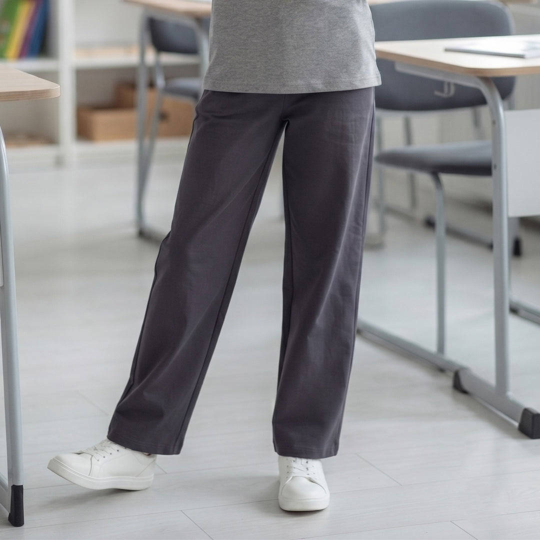 100% Cotton Dark Charcoal Grey Straight-Leg Pants
