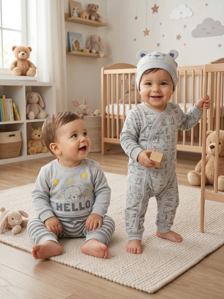 "Hello Teddy" Starry Grey Romper