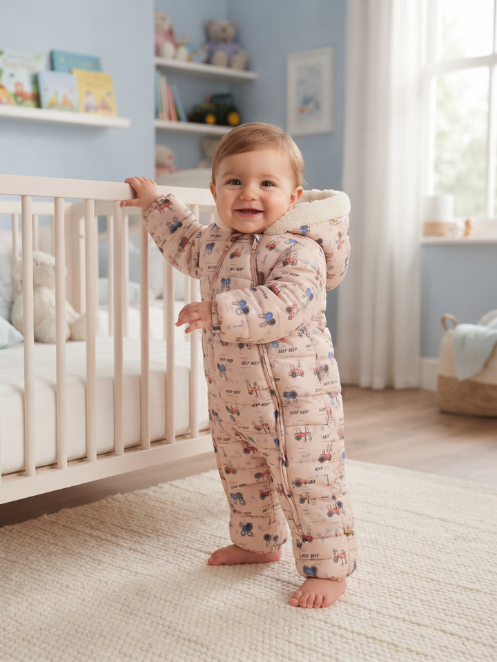 Tractor Print Dual-Zip Baby Snowsuit