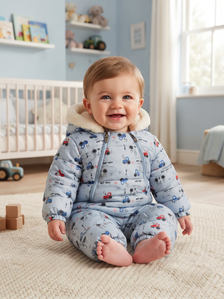 Tractor Print Dual-Zip Baby Snowsuit