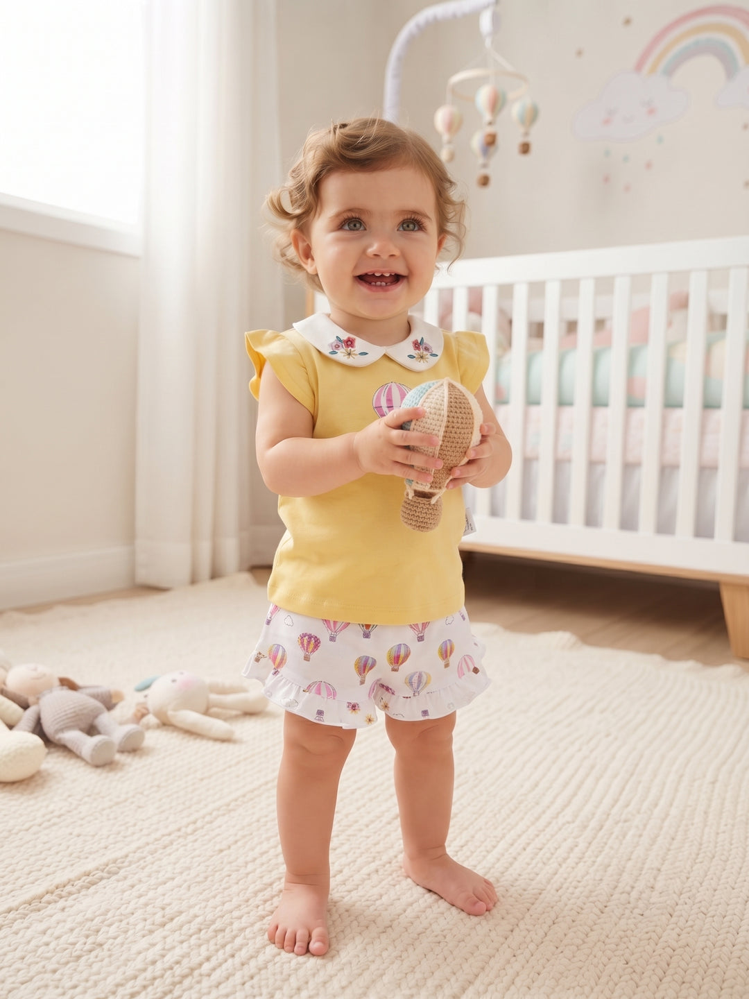 Hot Air Balloon Print Short Set with Floral Embroidered Peter Pan Collar