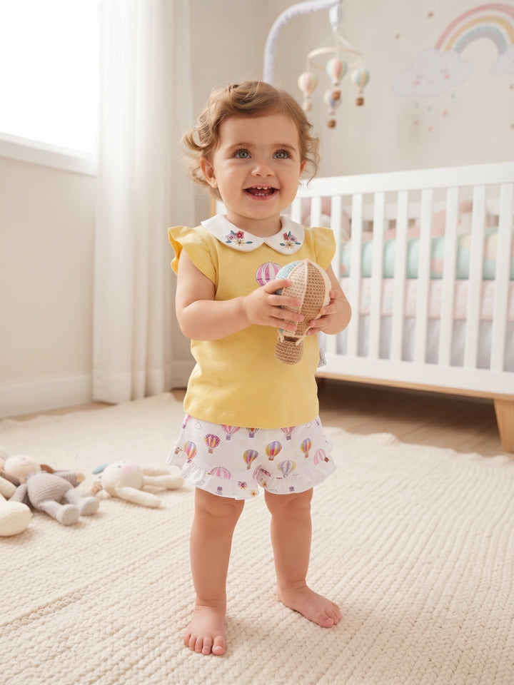 Hot Air Balloon Print Short Set with Floral Embroidered Peter Pan Collar