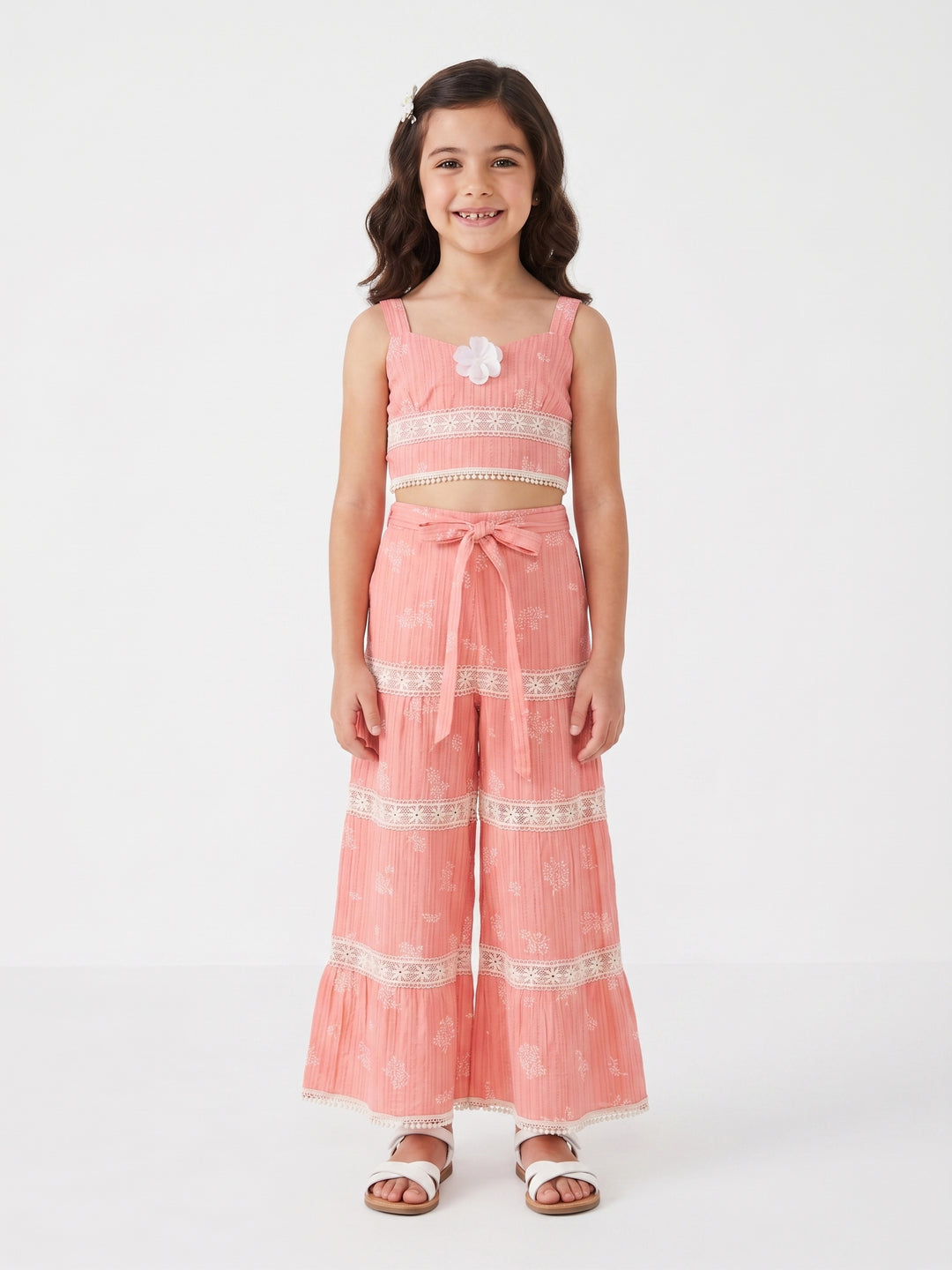 Girls' Elegant Lace-Detail Summer Crop Top and Pants Set