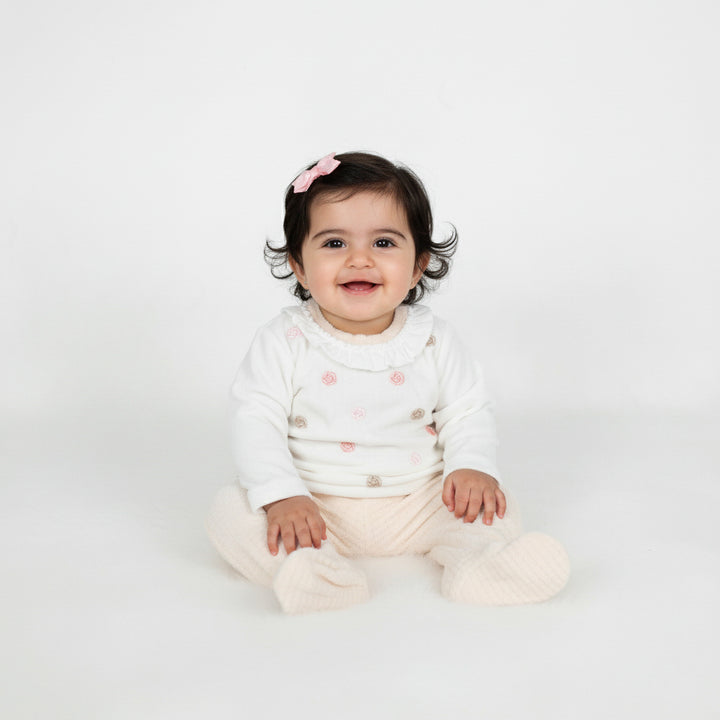 Floral Embroidered Ruffle Top & Footed Pants Set