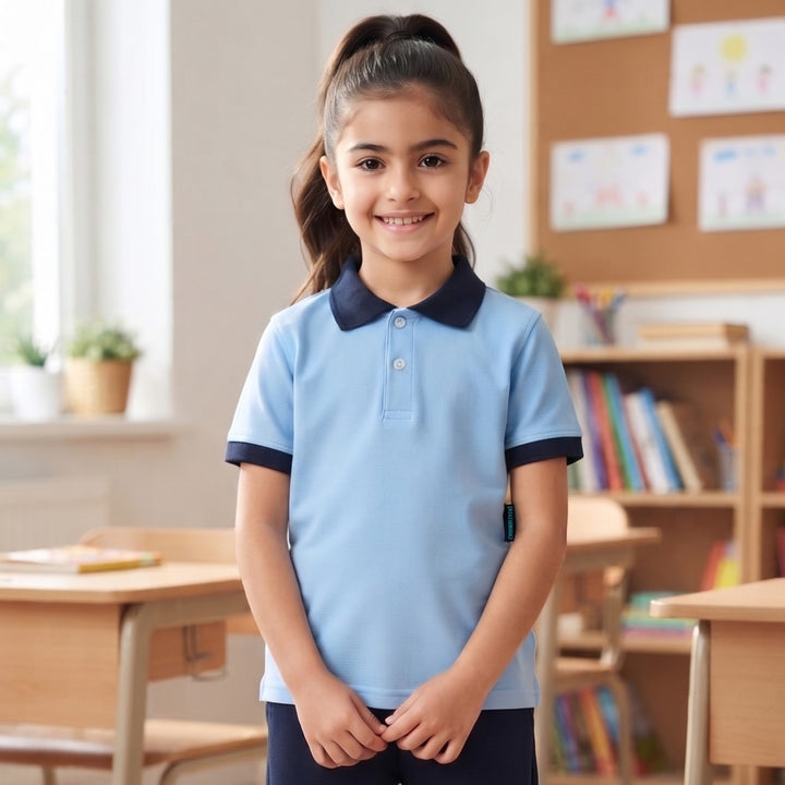 100% Cotton Light Blue Short-Sleeve Polo Shirt with Navy Collar