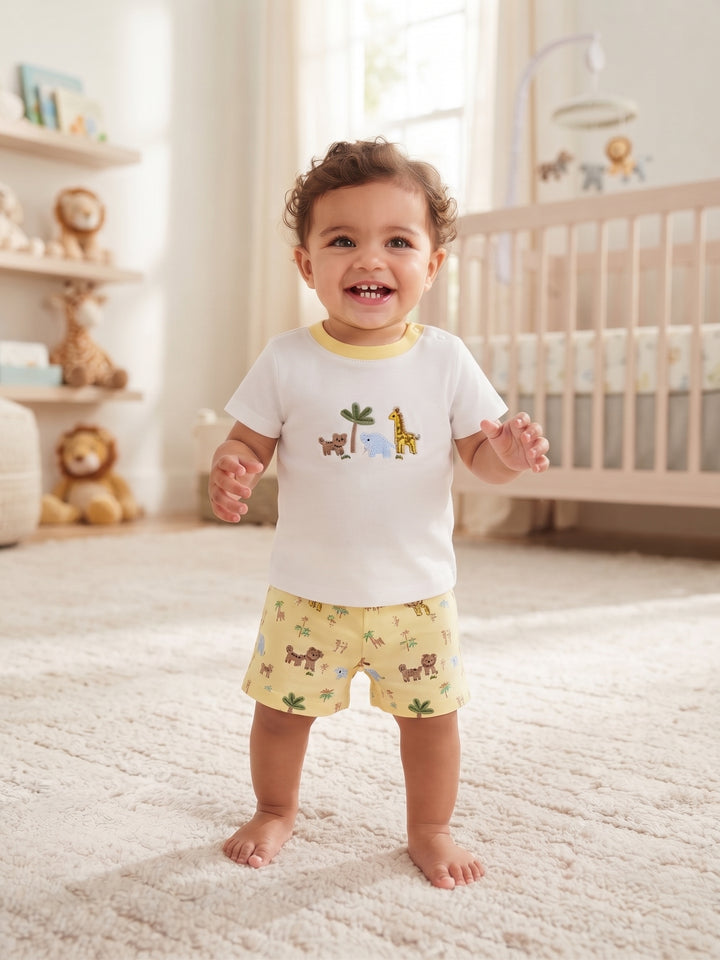 Baby Boy Safari Animals Embroidered T-Shirt & Shorts 2-Piece Set