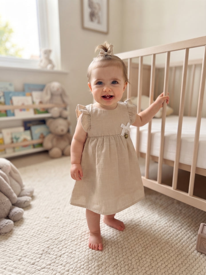 Baby Girl Linen-Blend Flutter Sleeve Dress with Ribbon Bow