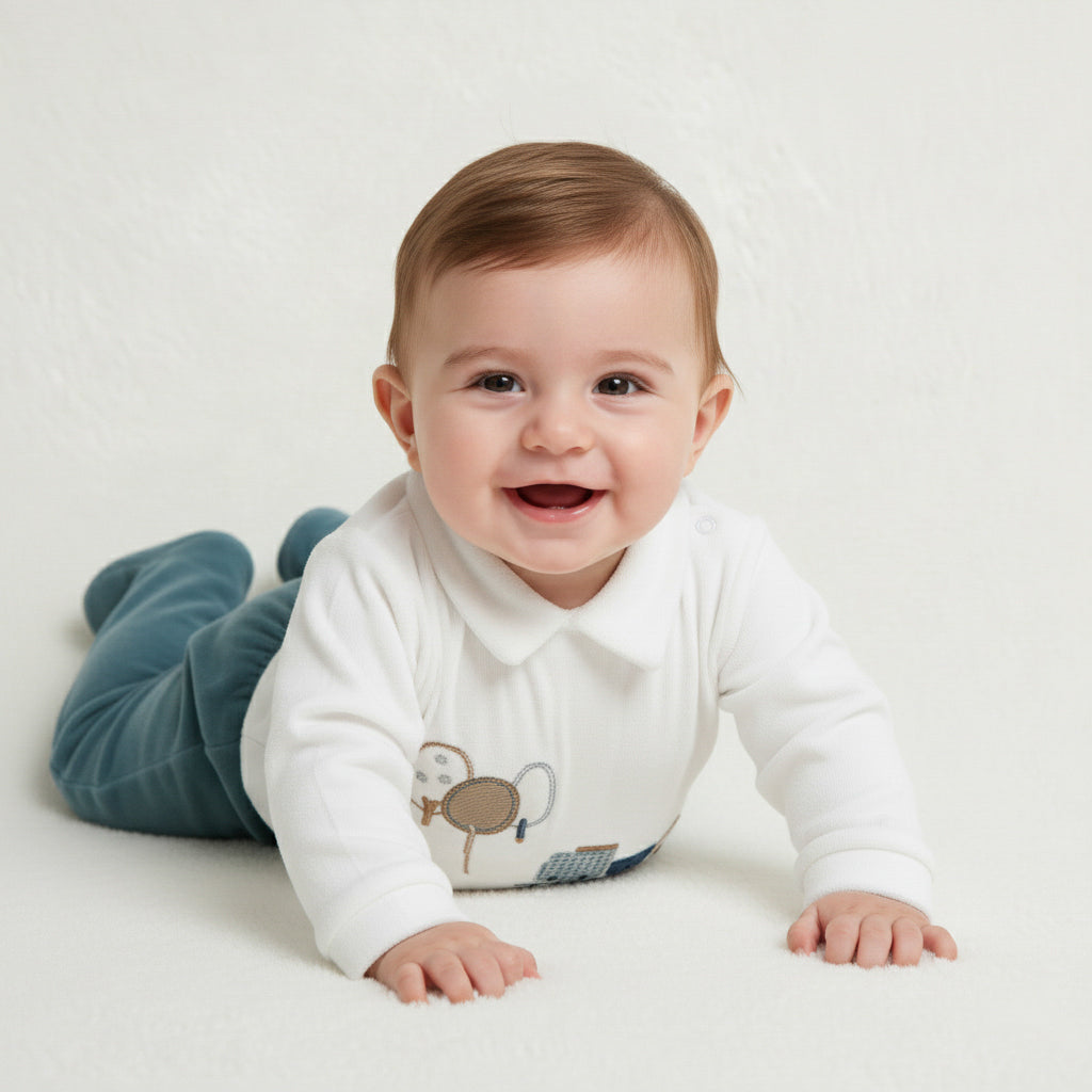 Train & Trees Collar Top with Footed Pants Set