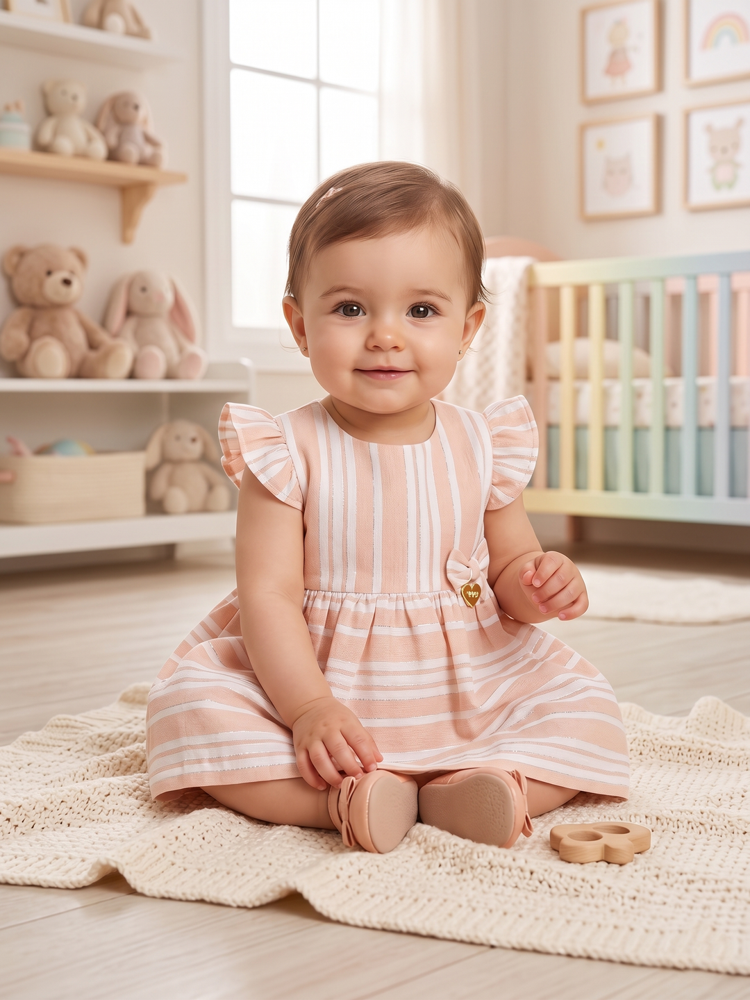 Baby Girls' Flutter-Sleeve Striped Linen Dress