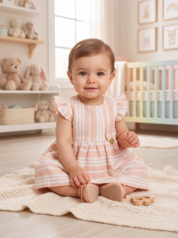 Baby Girls' Flutter-Sleeve Striped Linen Dress