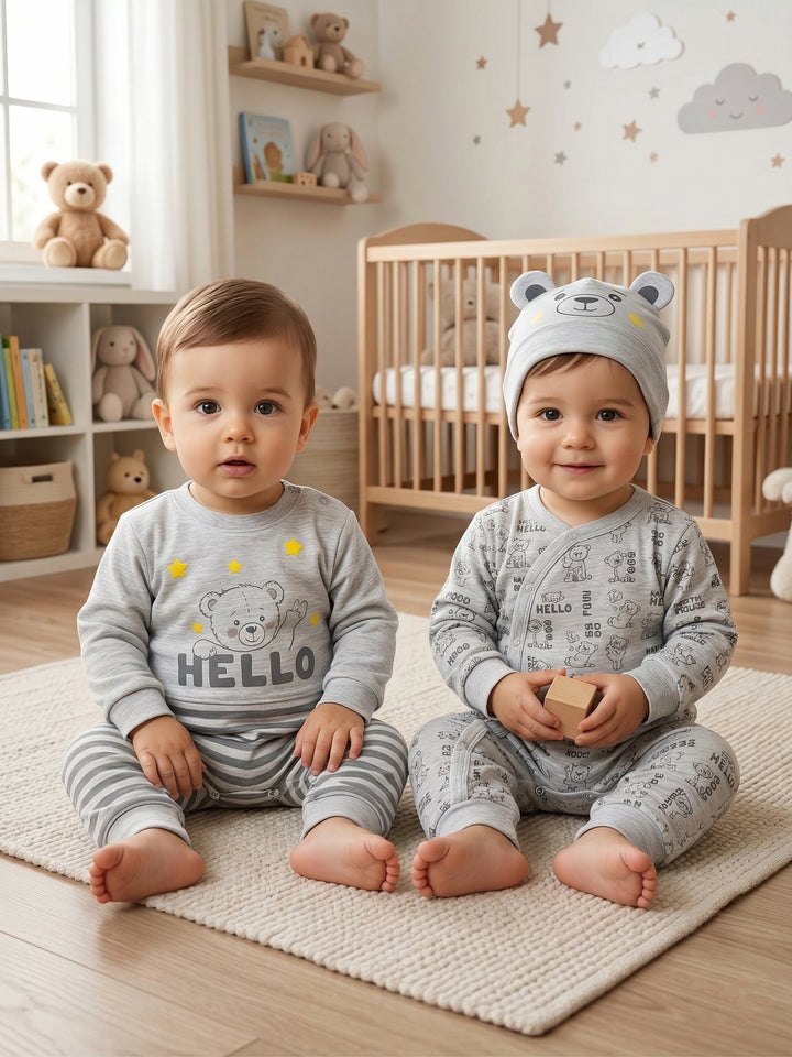 "Hello Teddy" Starry Grey Romper