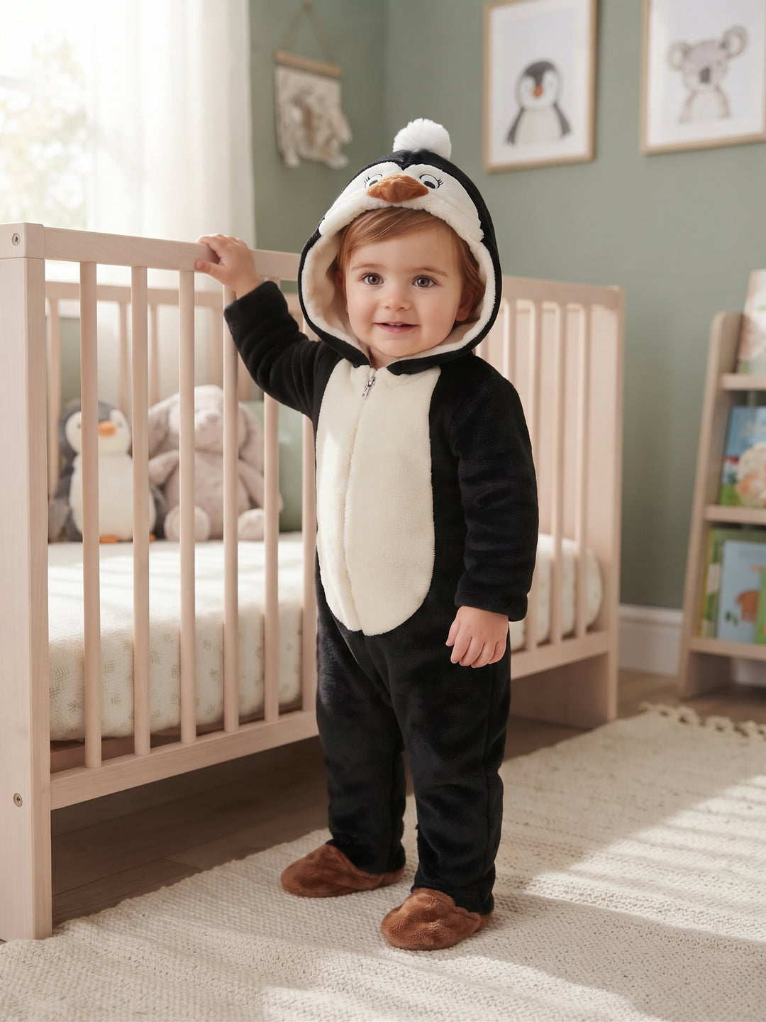 Plush Black Penguin Hooded Baby Onesie