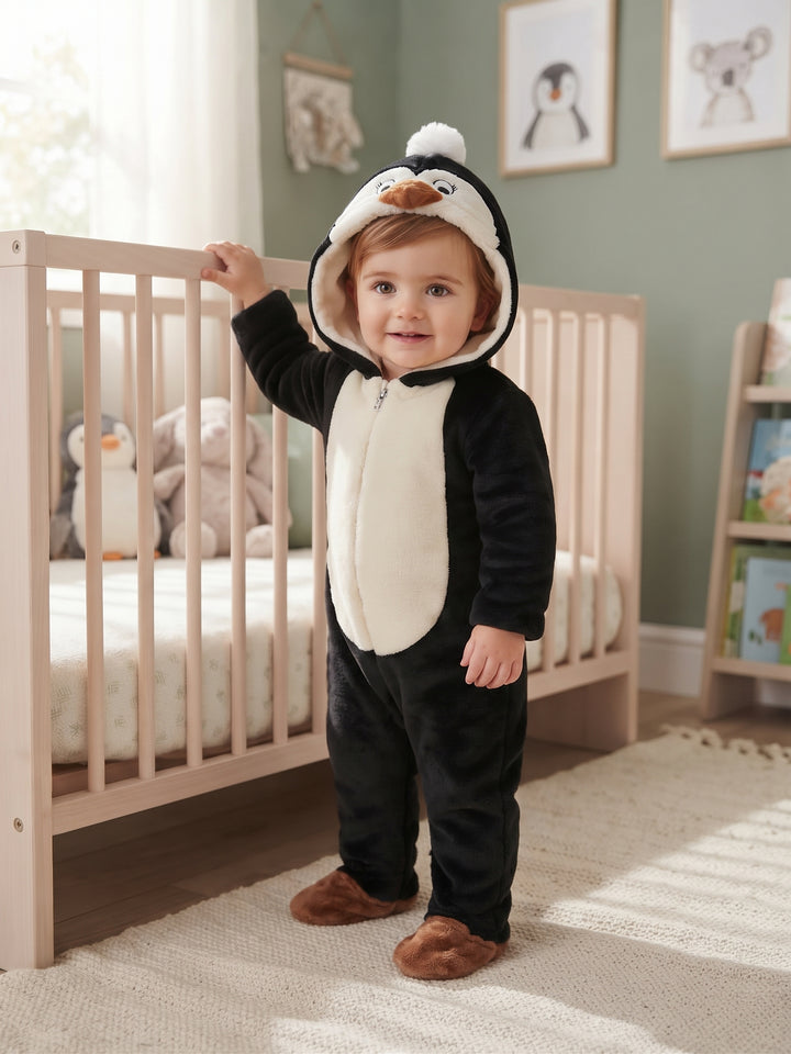 Plush Black Penguin Hooded Baby Onesie