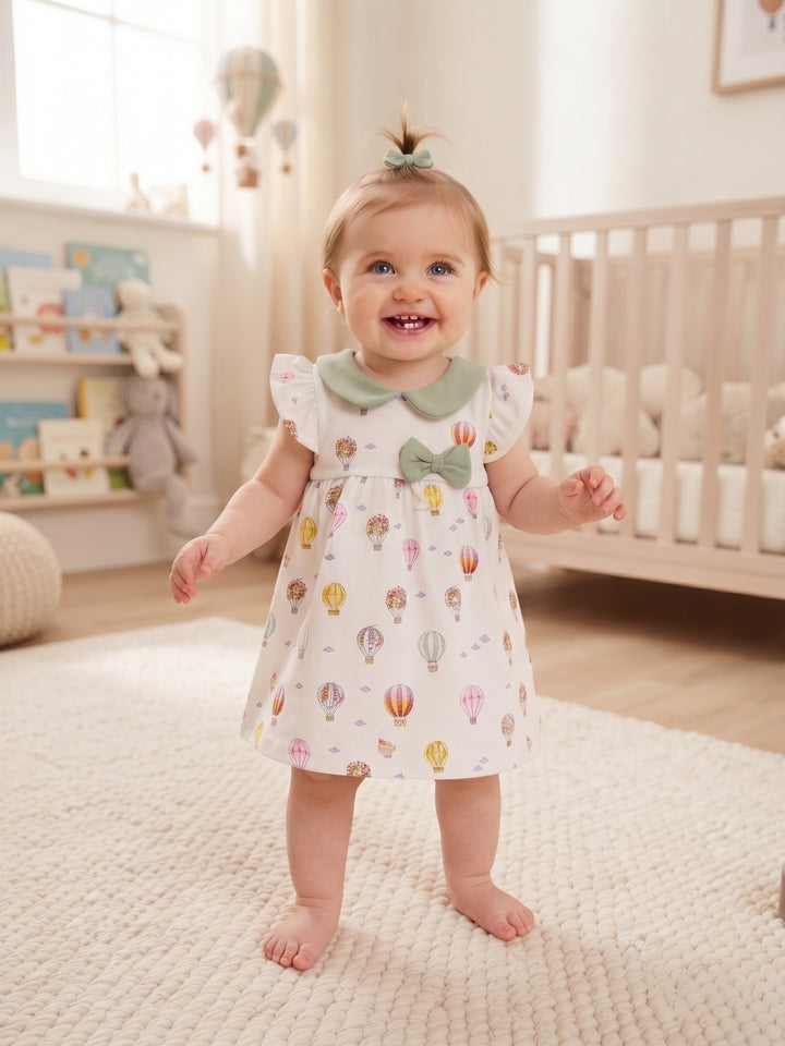 Flutter Sleeve Hot Air Balloon Print Baby A-Line Dress with Bow Accent