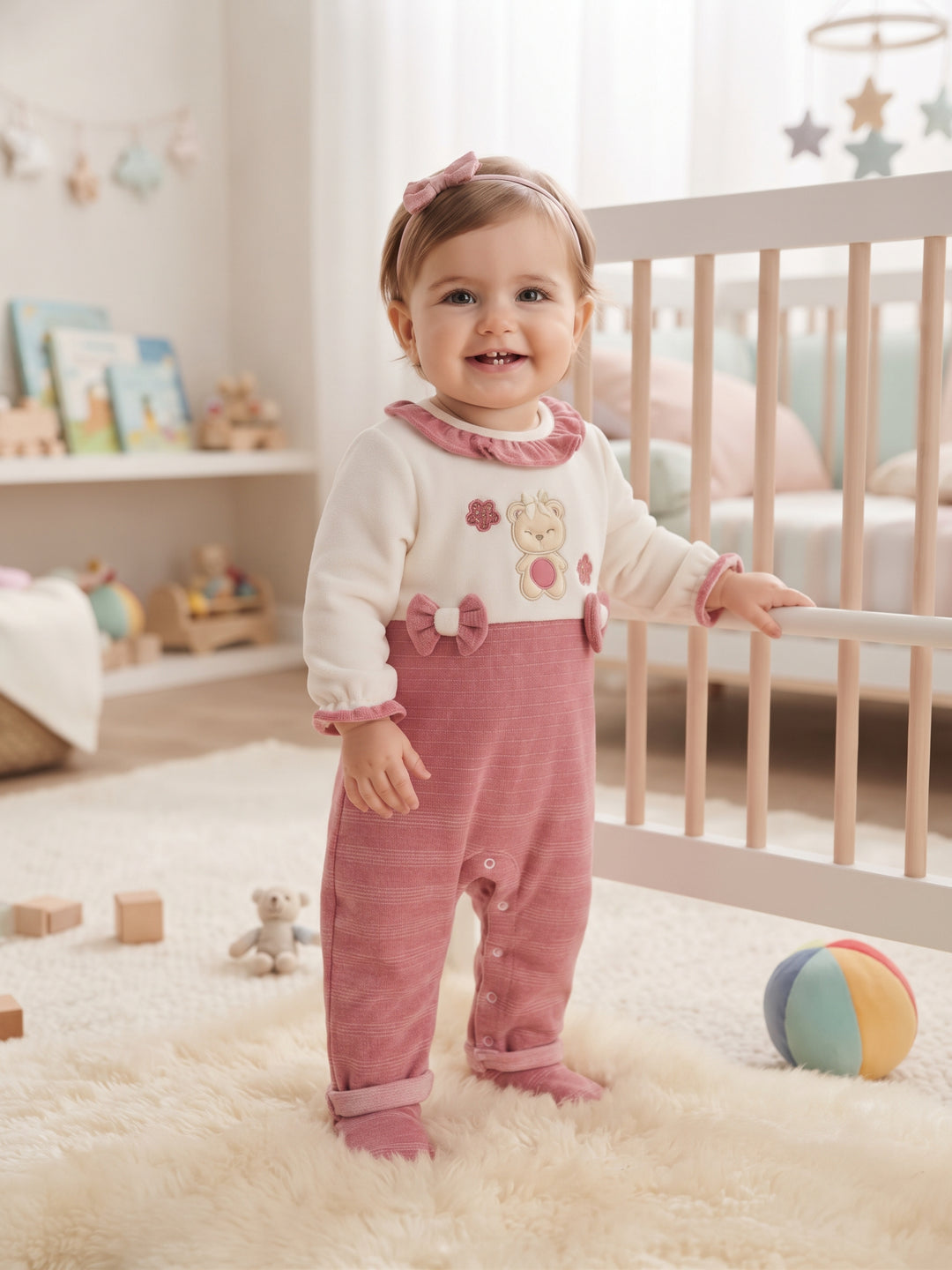 Cozy Ruffle Collar Bear Embroidered Baby Footed Sleepsuit