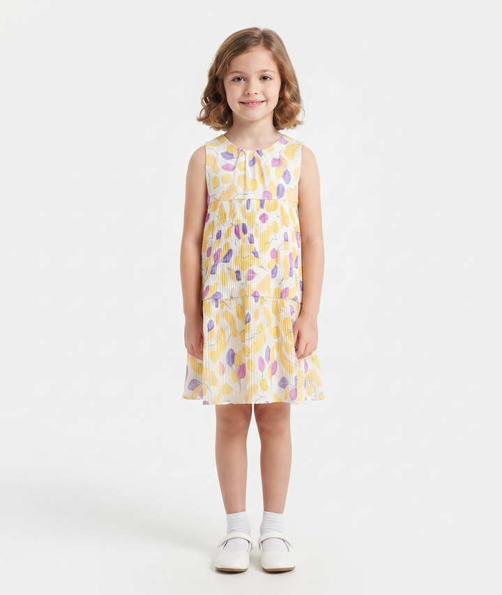 Sleeveless Yellow and Purple Abstract Print Dress