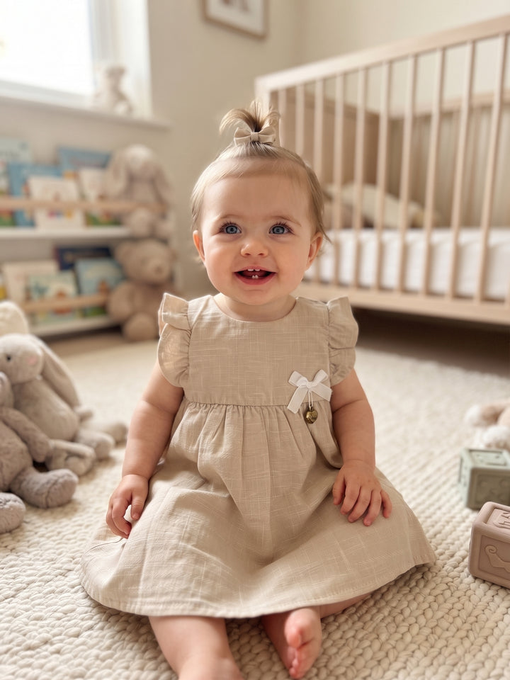 Baby Girl Linen-Blend Flutter Sleeve Dress with Ribbon Bow