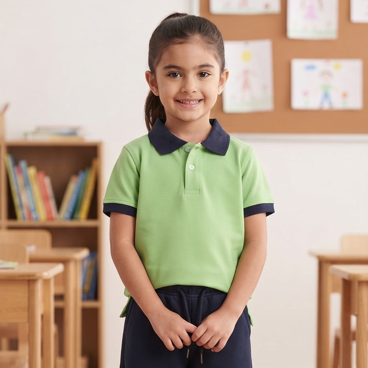 100% Cotton Lime Green Short-Sleeve Polo Shirt with Navy Collar