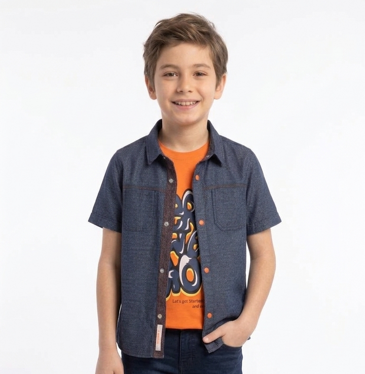 Boys' Denim-Look Short Sleeve Shirt & Graphic Tee Combo