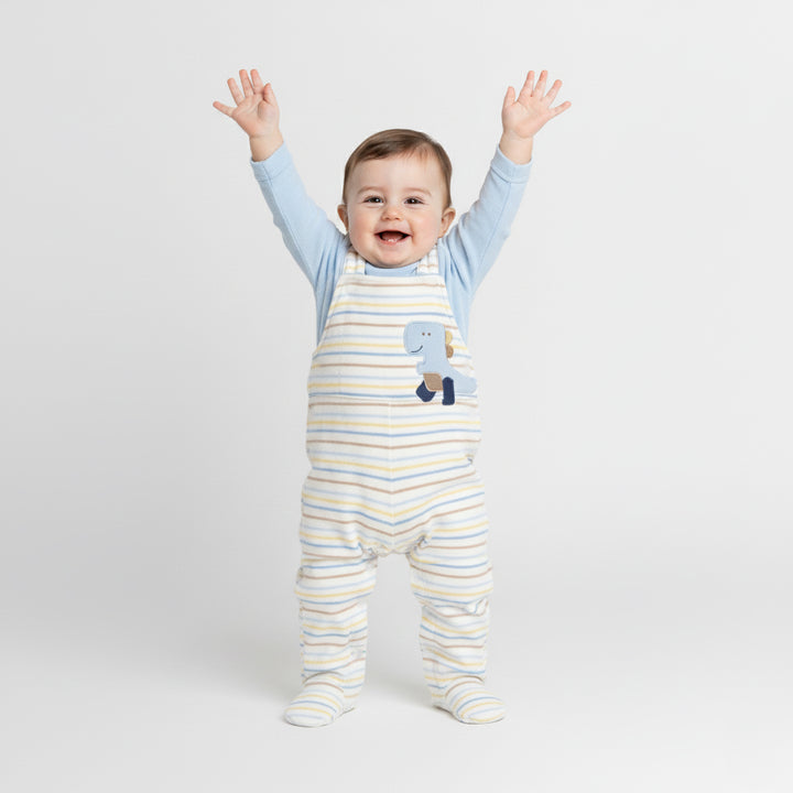 Striped Dinosaur Footed Overalls Set