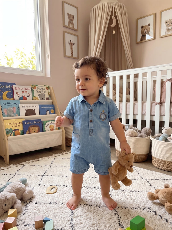 Preppy Crest Denim Romper