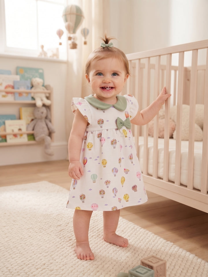 Flutter Sleeve Hot Air Balloon Print Baby A-Line Dress with Bow Accent