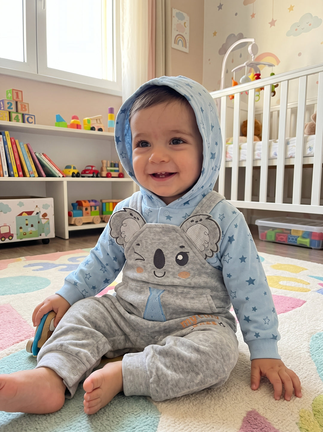 Cute Koala Plush Overalls & Star Hoodie Set