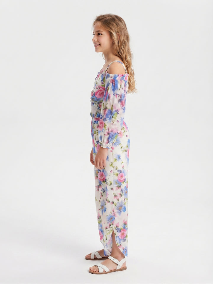 Girls' Floral Print Pleated Off-Shoulder Top & Tulip Pants Set