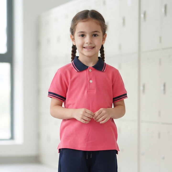 100% Cotton Coral Pink Short-Sleeve Polo Shirt with Navy Blue Collar