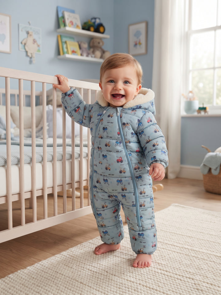 Tractor Print Dual-Zip Baby Snowsuit