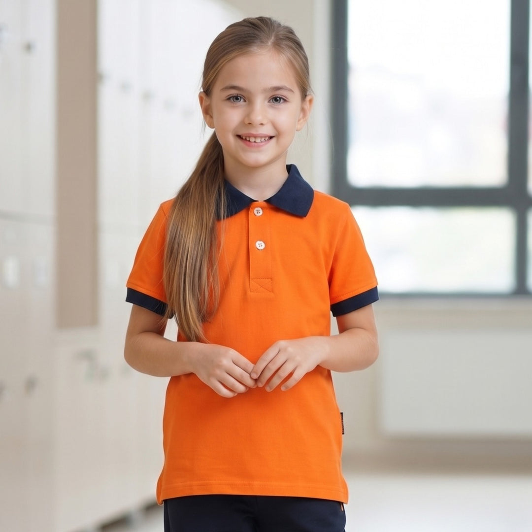 100% Cotton Orange Short-Sleeve Polo Shirt with Navy Blue Collar (