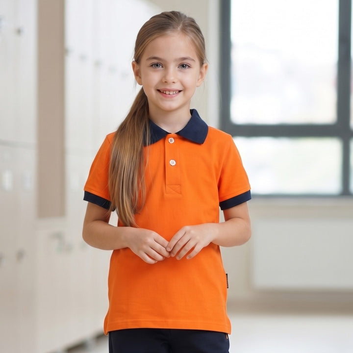 100% Cotton Orange Short-Sleeve Polo Shirt with Navy Blue Collar (