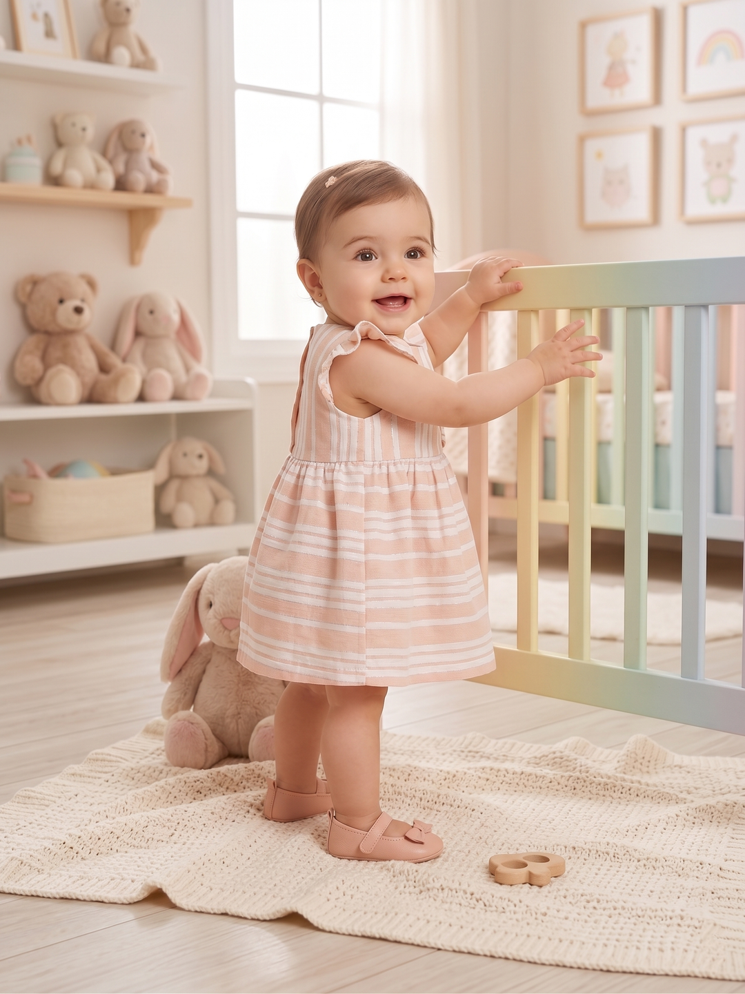 Baby Girls' Flutter-Sleeve Striped Linen Dress