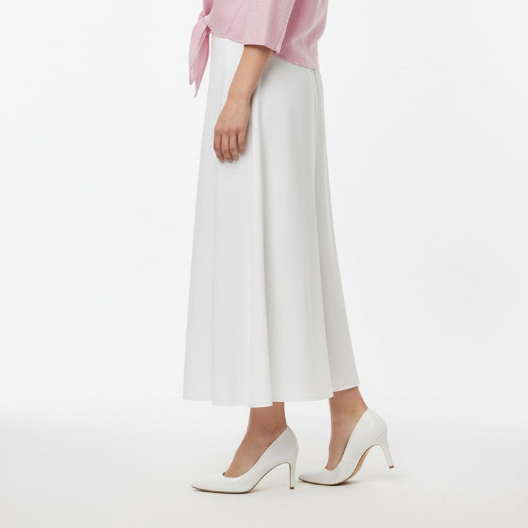 Flowy White A-Line Skirt with a Flared Hem.