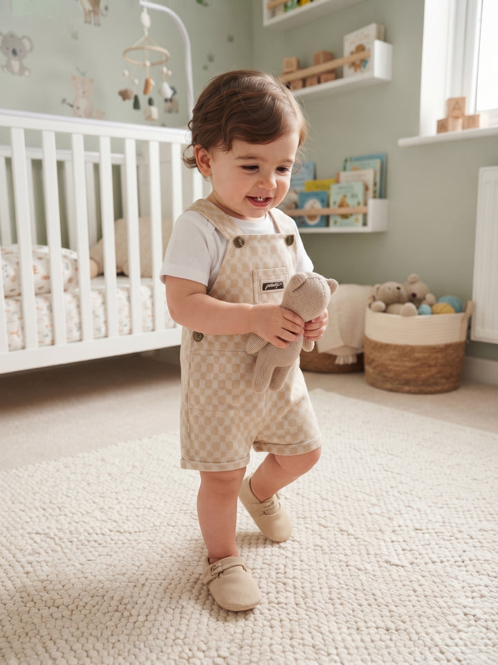 Classic Beige Geometric Print Dungaree Shorts with Solid White T-Shirt Set