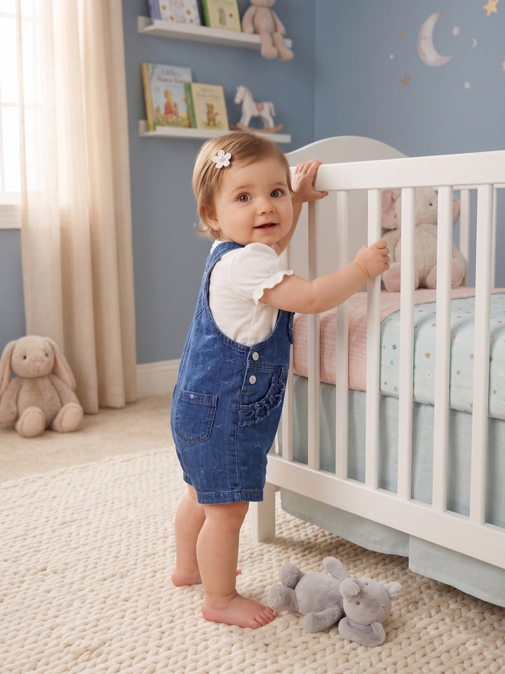 Sweet Denim Overall Shorts Set with Ruffle Pockets