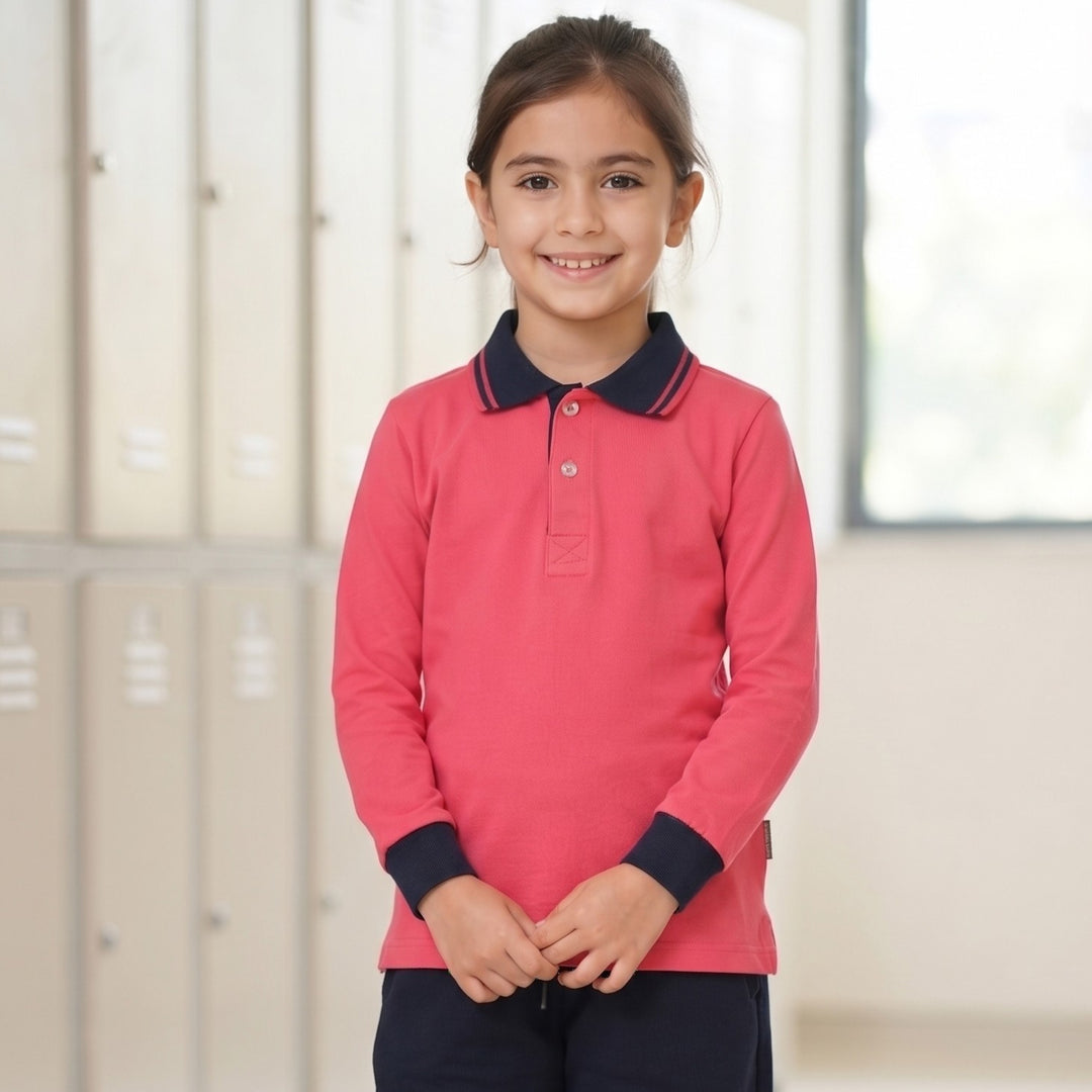 100% Cotton Coral Pink Long-Sleeve Polo Shirt with Navy Blue Collar