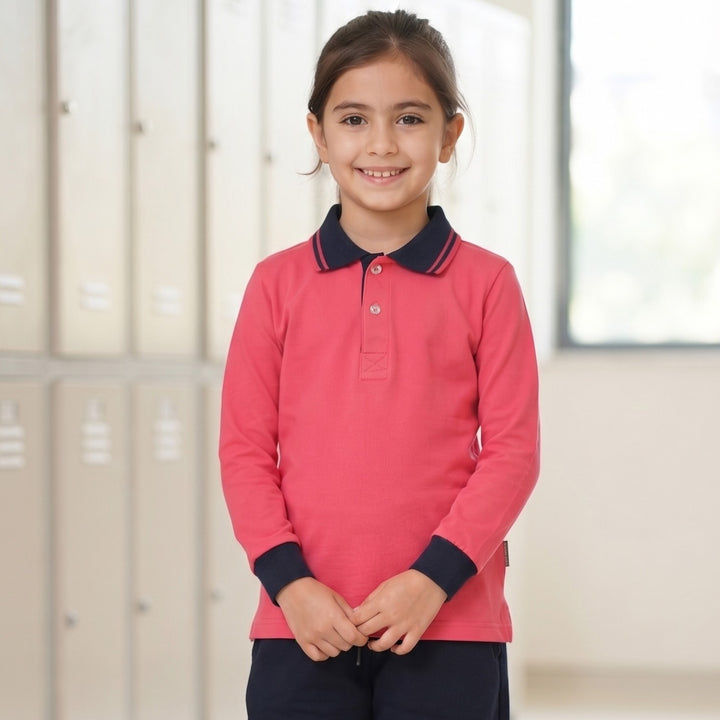100% Cotton Coral Pink Long-Sleeve Polo Shirt with Navy Blue Collar