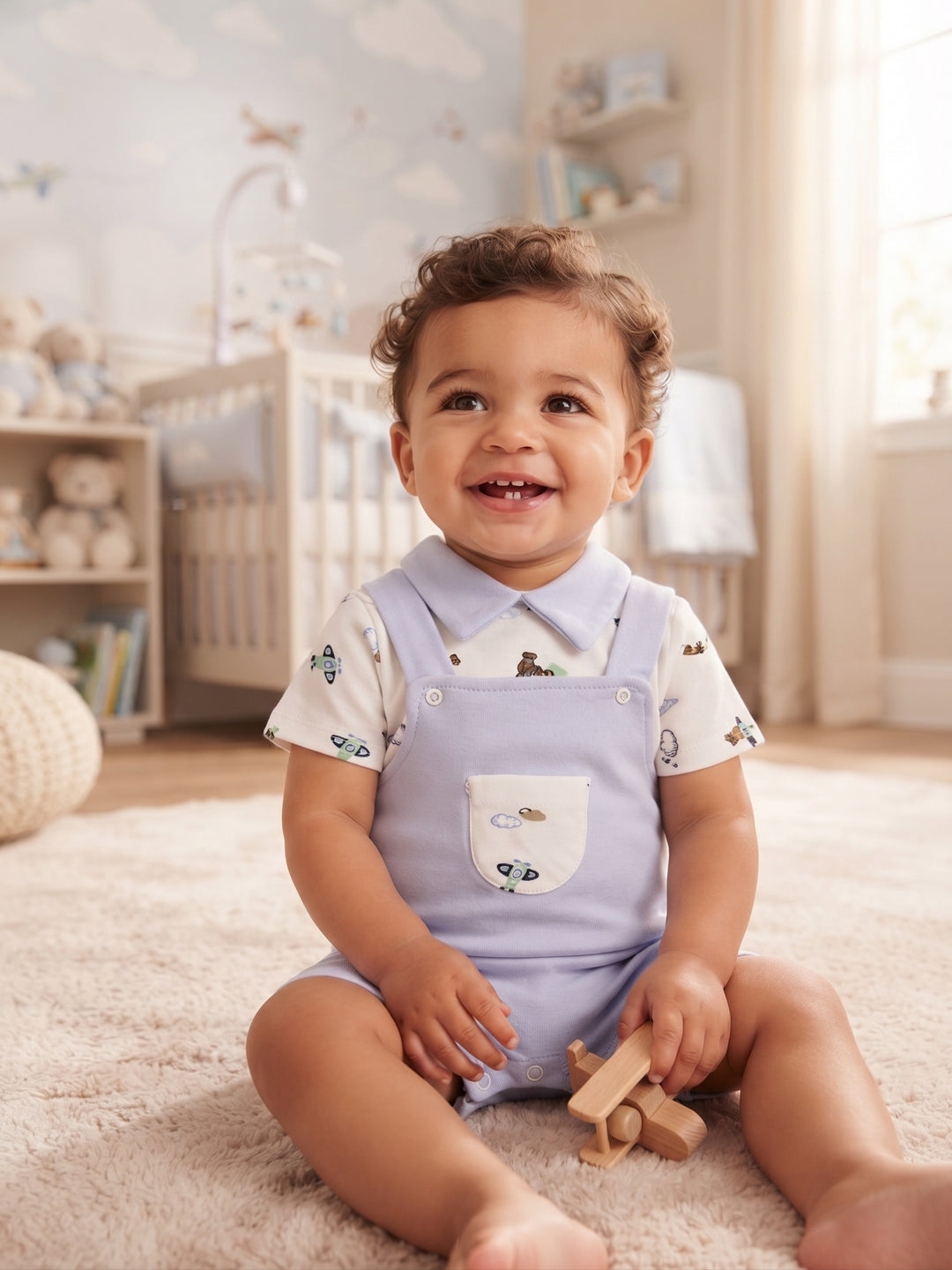 Baby Boy Airplane Collared Shirt & Overall Shorts 2-Piece Set