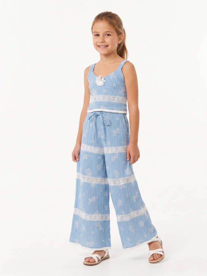 Girls' Elegant Lace-Detail Summer Crop Top and Pants Set