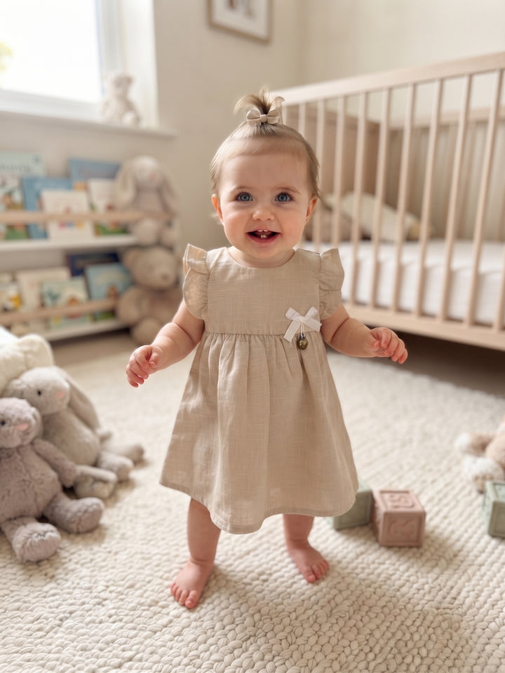 Baby Girl Linen-Blend Flutter Sleeve Dress with Ribbon Bow