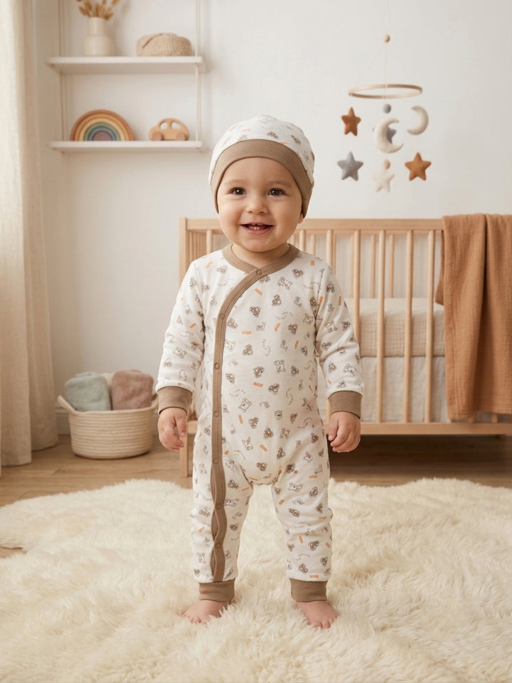Organic Cotton Kimono Baby Jumpsuit & Beanie Set